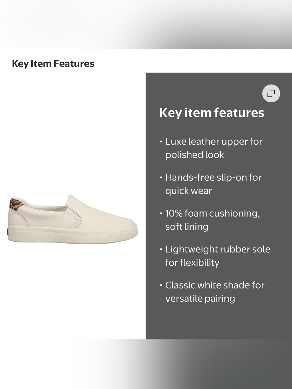 Keds Pursuit Slip-On Leather Sneaker in Classic White with Leopard Print.